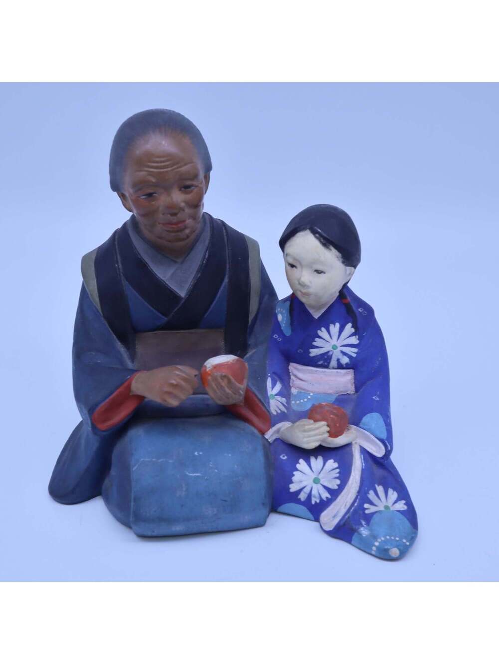 Vintage Hakata Urasaki Doll Japanese Figurine Grandfather & Girl Peeling Fruit